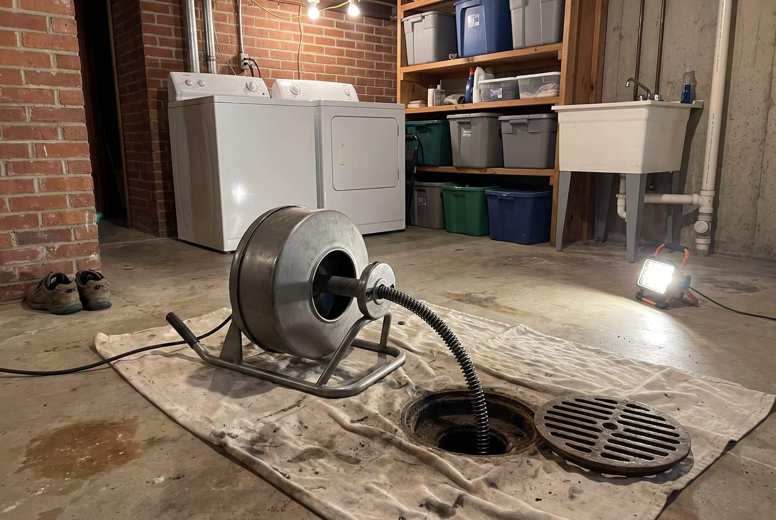 Drum drain-cleaning machine on a drop cloth with its cable fed into a basement floor drain