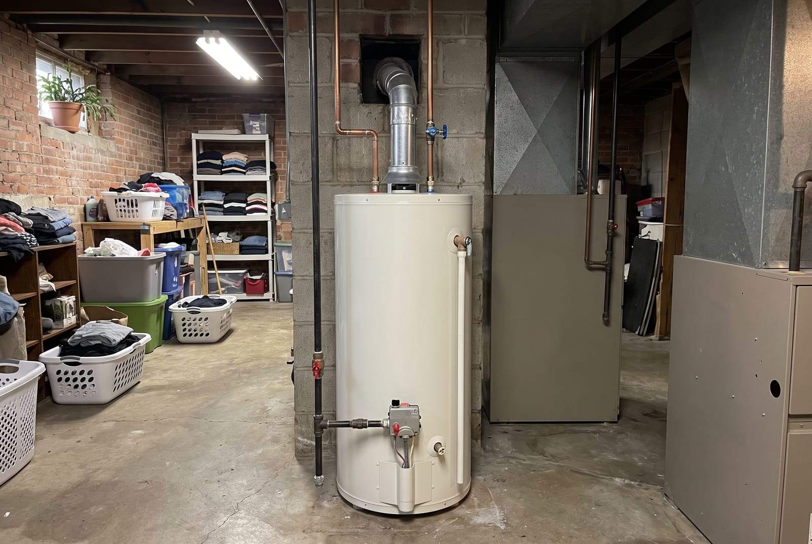 Gas tank water heater with its vent, gas line and relief valve pipe in an unfinished basement