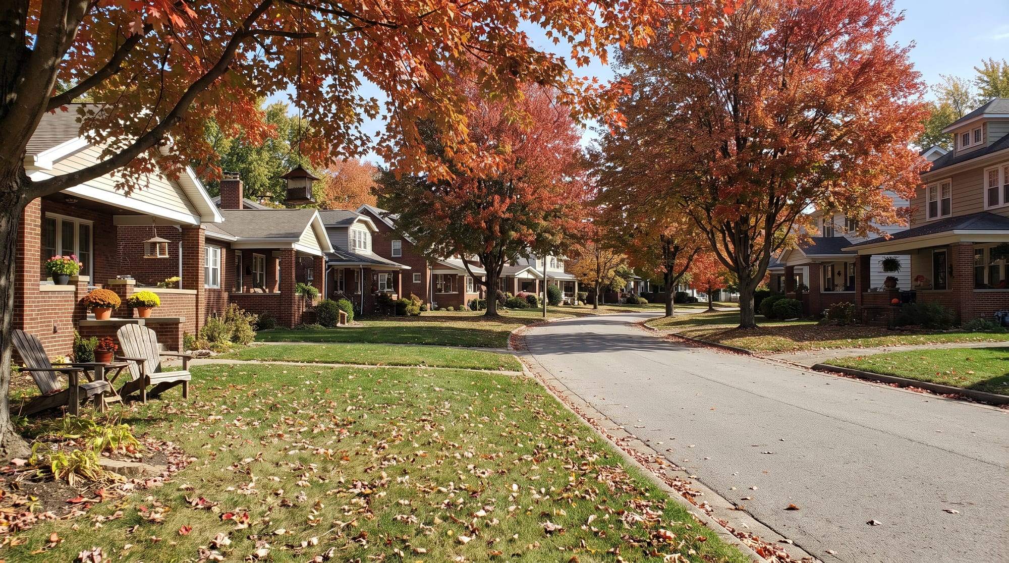 Autumn maples along a curving street of brick bungalows and porch-front houses