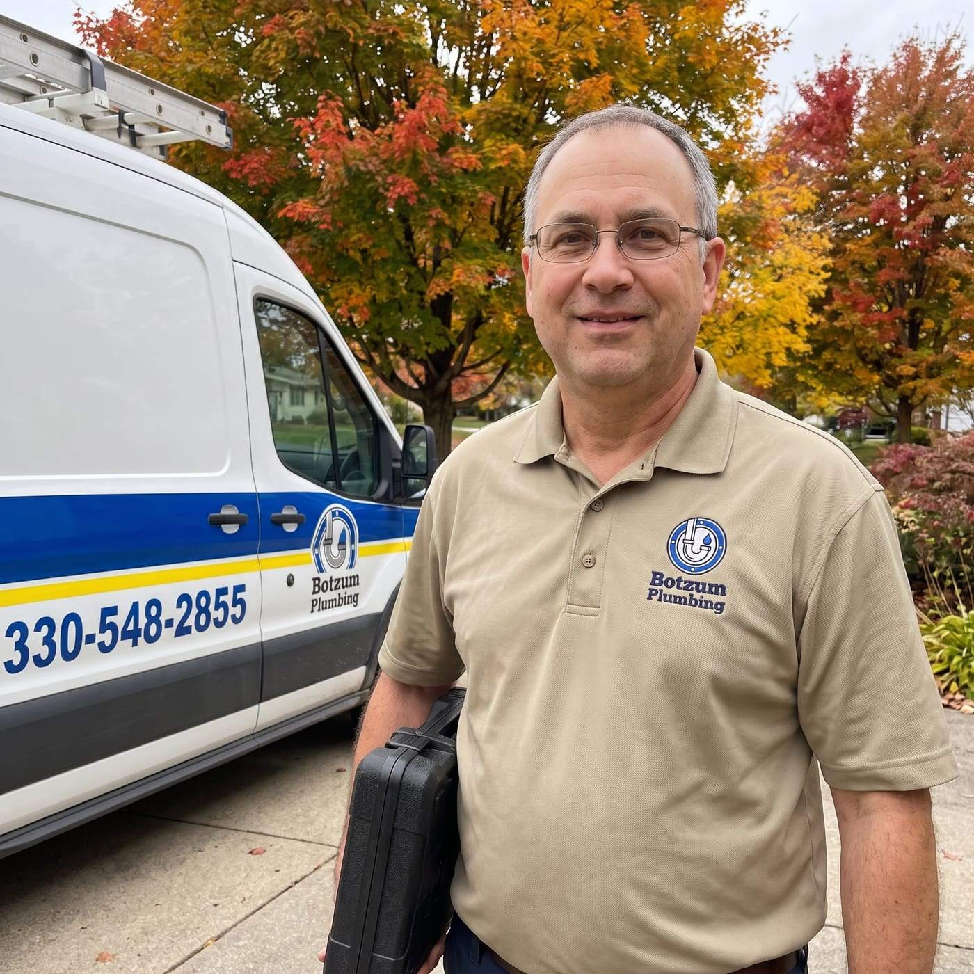 Devin Lewis in a khaki work polo with the company logo, holding a tool case beside the van
